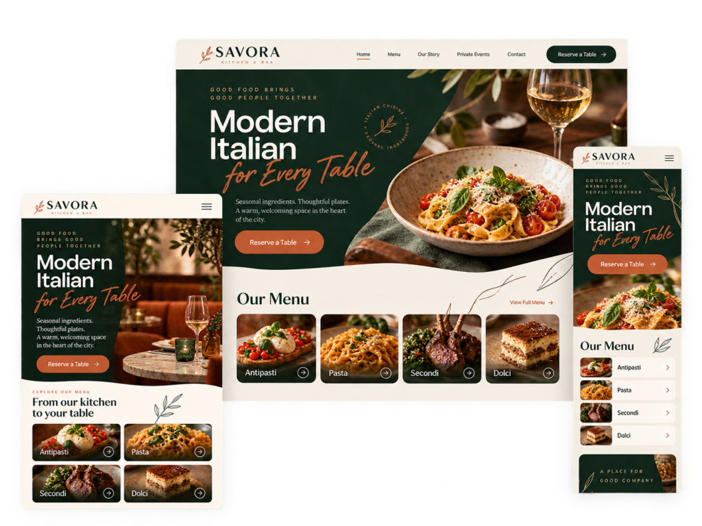 Restaurant website by Sites Partner shown on desktop, tablet and phone