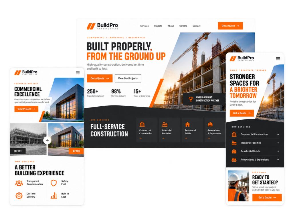 Construction company website by Sites Partner shown on desktop, tablet and phone