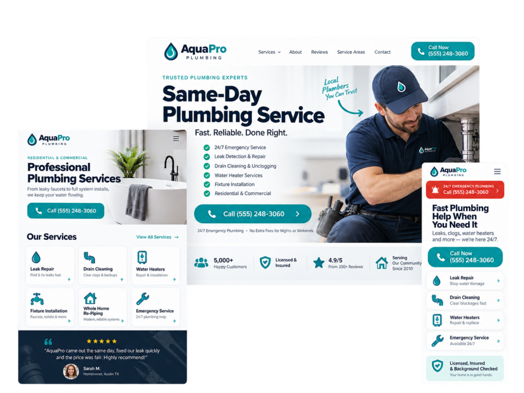 Plumbing business website by Sites Partner shown on desktop, tablet and phone