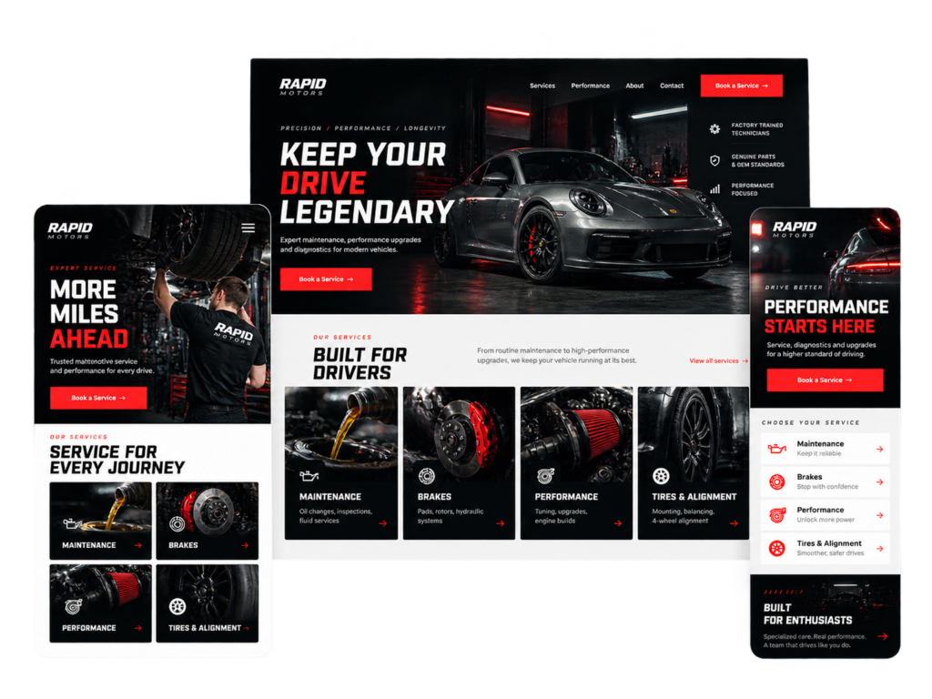 Automotive business website by Sites Partner shown on desktop, tablet and phone