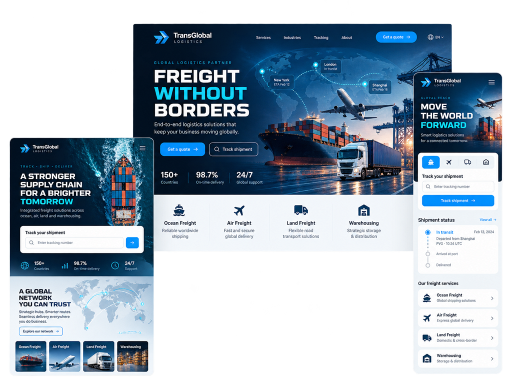 Logistics company website by Sites Partner shown on desktop, tablet and phone