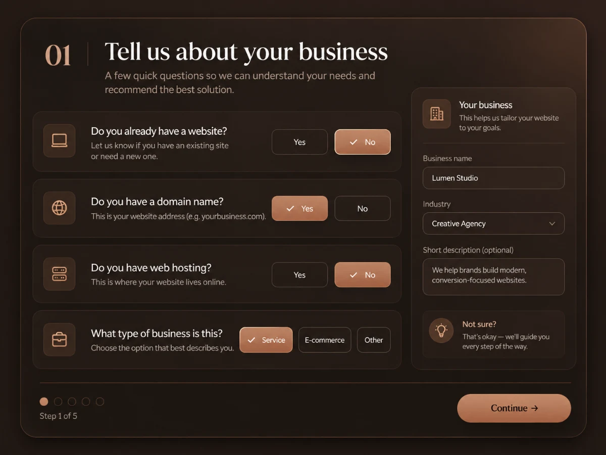 Questionnaire screen asking about the business, domain and hosting