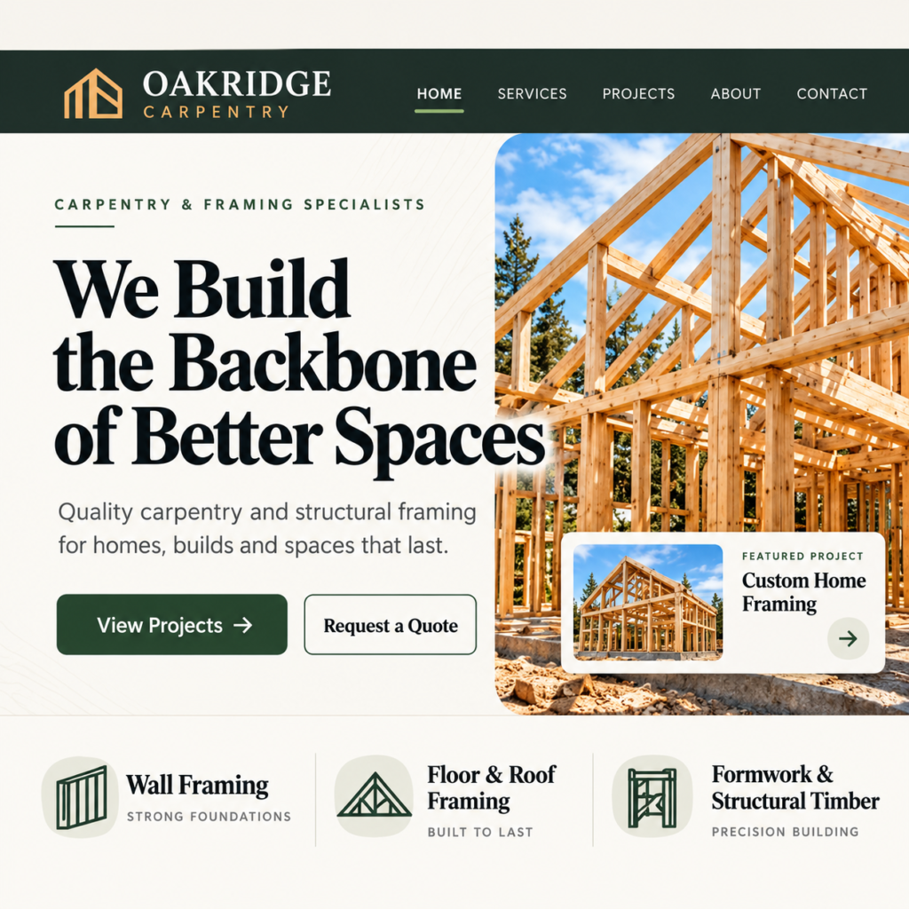 Website design wireframe next to the finished Oakridge Carpentry homepage
